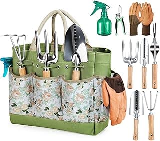 Grenebo Gardening Tools 9-Piece Heavy Duty Garden Hand Tools with Fashion and Durable Garden Tools Organizer Handbag, Rust-Proof Garden Too...