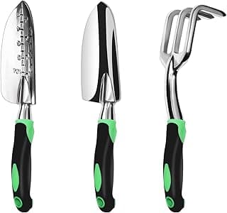 Garden Tool Set, 3 Pack Aluminum Heavy Duty Gardening Kit Includes Hand Trowel, Transplant Trowel and Cultivator Hand Rake with Soft Rubber...