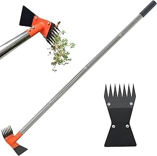 2-in-1 Garden Hoe and Weed Puller Rake, 60 Inch Adjustable Long Handle Weeding Tool Heavy Duty Spring Steel Head with Sand Texture Finish,...