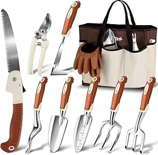 MelonArt Garden Tool Set,10 Pcs Heavy Duty Gardening Hand Tool Kit for Women Aluminum with Non Slip Ergonomic Handle, Storage Tote Bag and...