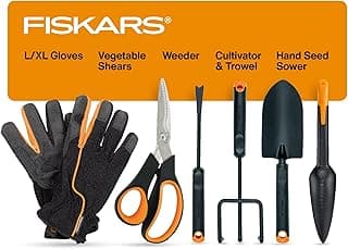 Fiskars Vegetable Gardening Essentials 6-Piece Tool Set for Cultivating, Serrated Stainless Steel Shears & 4-in-1 Seed Sower for Planting,...