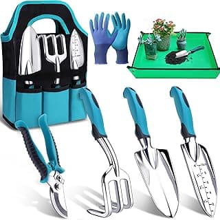 Kynup 7-Piece Gardening Tools Set, Heavy Duty Garden Tools Kit with Garden Trowel, Garden Hand Shovel, Repotting Mat, Rust Resistant, Garde...