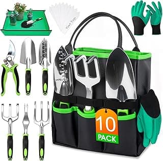 WOWBOX Garden Tools Set - 10 PCS, Heavy Duty Gardening Hand Tools Kit with Storage Tote, Rust-Resistant Gardening Supplies for Planting wit...