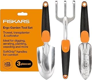 Fiskars 3-in-1 Garden Tool Set, Polished Cast-Aluminum Heads for Rust Resistance, Heavy-Duty Trowel, Transplanter & Cultivator for Digging...