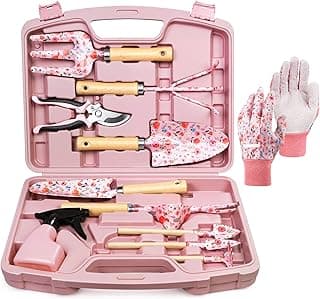Grenebo 12-Piece Gardening Tools Set, Floral Print Garden Tool Set Gift, Rust-Proof & Heavy-Duty Trowel, Rake, Weeder, Pruner with Hard Cas...