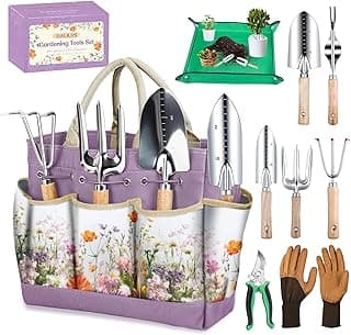 Gardening Tools 9-Piece Heavy-Duty Garden Tools Set, Stainless Steel Garden Hand Tools with Purple Floral Tote Bag and Repotting Mat Garden...
